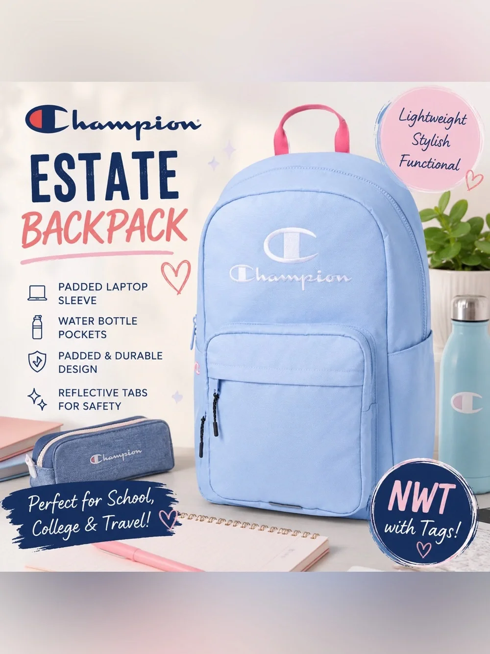 NWT Champion Estate Backpack Light Blue Pink Laptop School Travel Bag